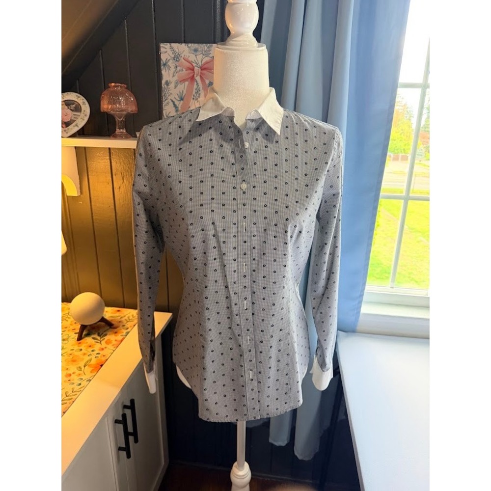 Brooks Brothers Womens 6 Navy Micro Check Floral Contrast Collar Button Down